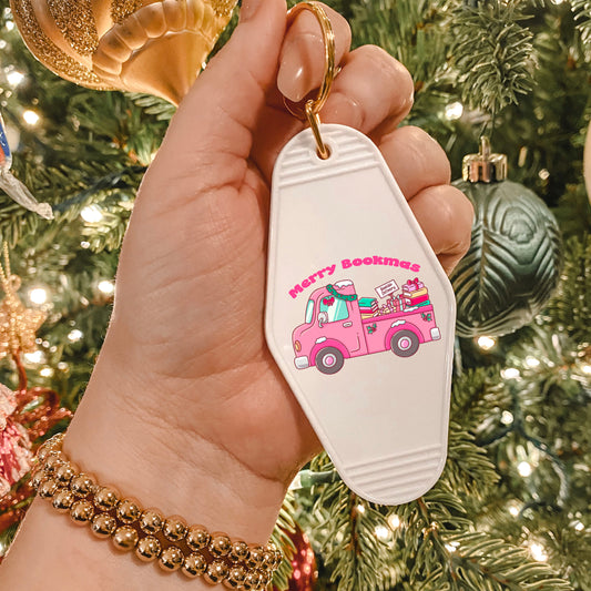 Merry Bookmas Holiday Book Truck Motel Keychain