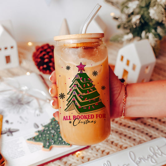 All Booked for Christmas Clear Glass Cup with Bamboo Lid & Straw Upgrade Options
