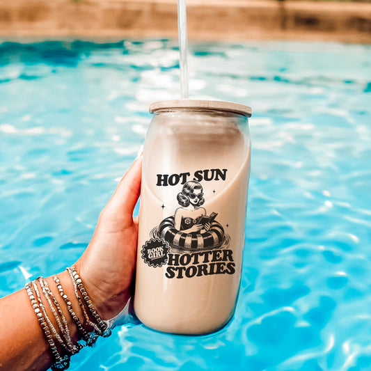 Hot Sun, Hotter Stories Retro Bookish Clear Glass Cup