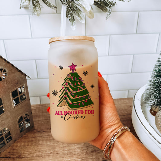 All Booked for Christmas Frosted Glass Cup – Bamboo Lid & Custom Straw Options for Book Lovers