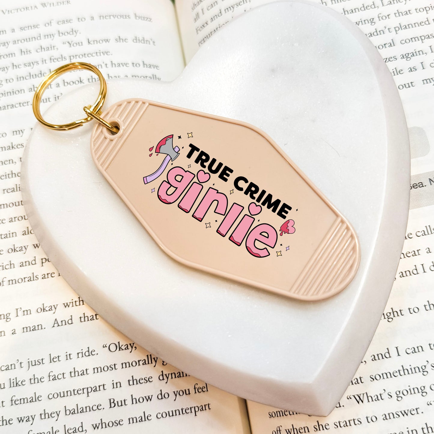 True Crime Girlie Motel Keychain for Mystery and Crime Book Lovers