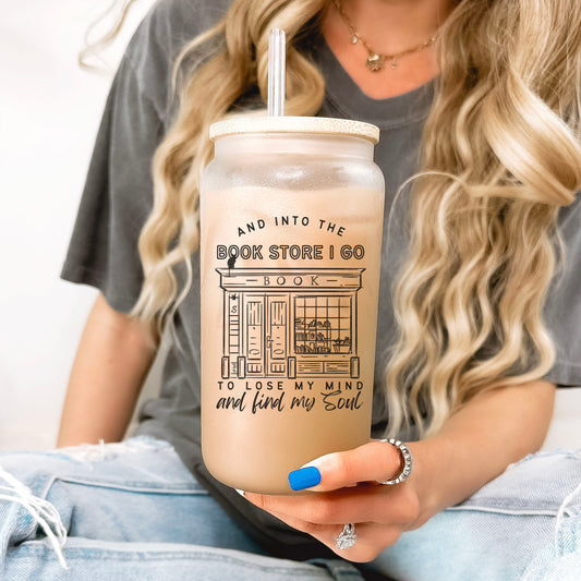 Into the Bookstore I Go Frosted Glass Cup | Bamboo Lid and Straw