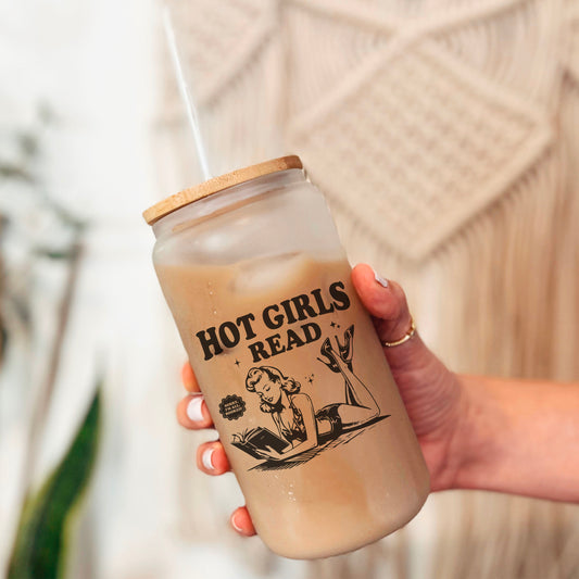 Hot Girls Read Retro-Inspired Frosted Glass Cup with Bamboo Lid and Straw