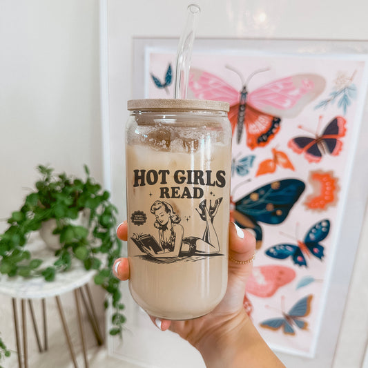 Hot Girls Read Clear Glass Cup with Bamboo Lid & Custom Straw Options | Gift for Readers