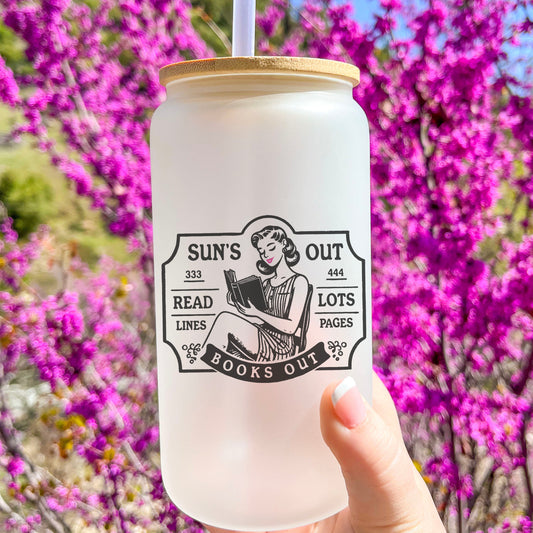 Sun’s Out Books Out Retro Frosted Glass Cup with Bamboo Lid and Straw