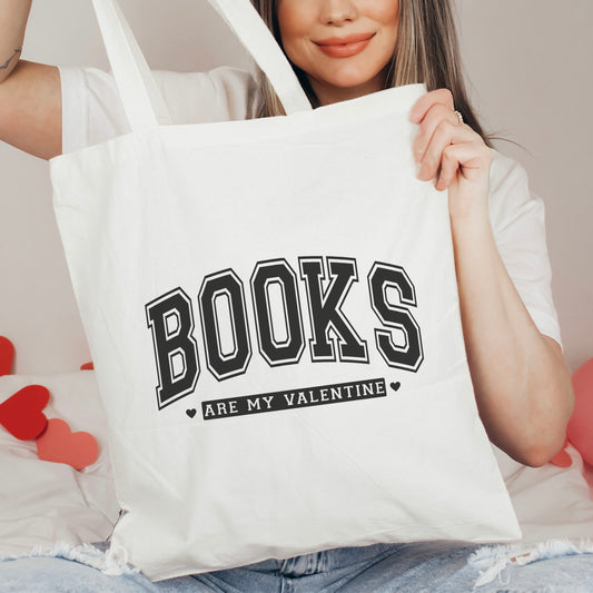 Books Are My Valentine (Varsity) Tote Bag - Natalia’s Design Studio