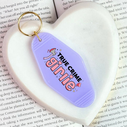 True Crime Girlie Motel Keychain for Mystery and Crime Book Lovers