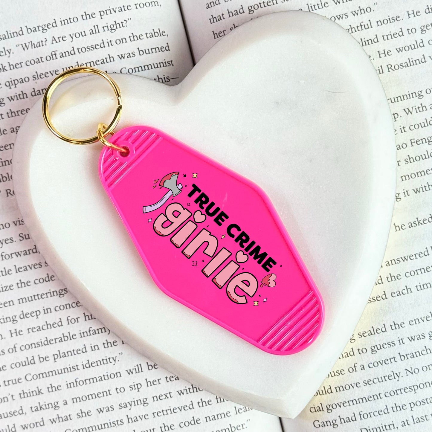 True Crime Girlie Motel Keychain for Mystery and Crime Book Lovers