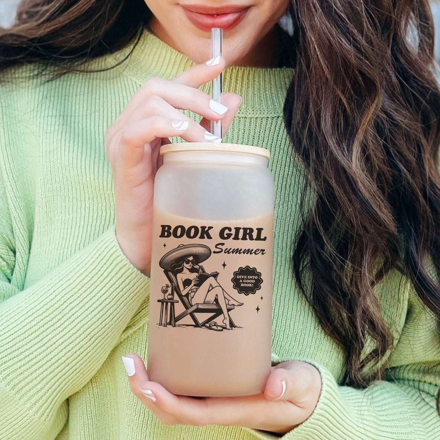 Book Girl Summer Frosted Glass Cup | Bamboo Lid & Custom Straw Options