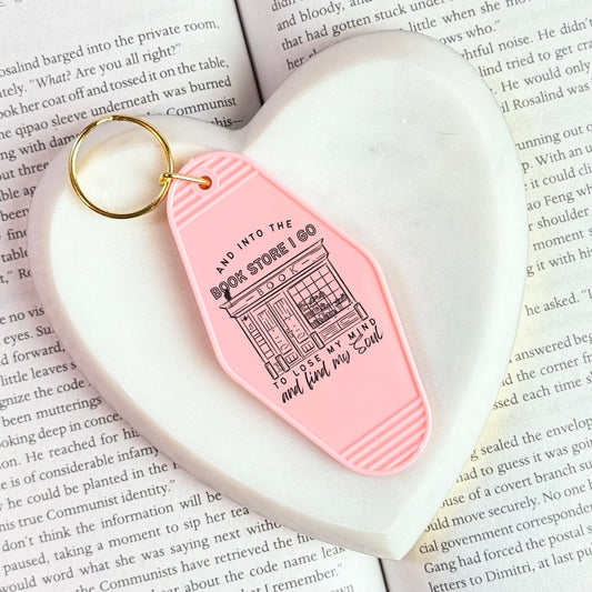 Into the Bookstore I Go Motel Keychain | Double-Sided UVF Decal for Book Lovers, Perfect for Bookstore Adventures