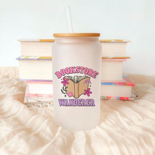 Bookstore Wanderer Frosted Glass Cup with Bamboo Lid and Straw – Bookish Aesthetic Drinkware