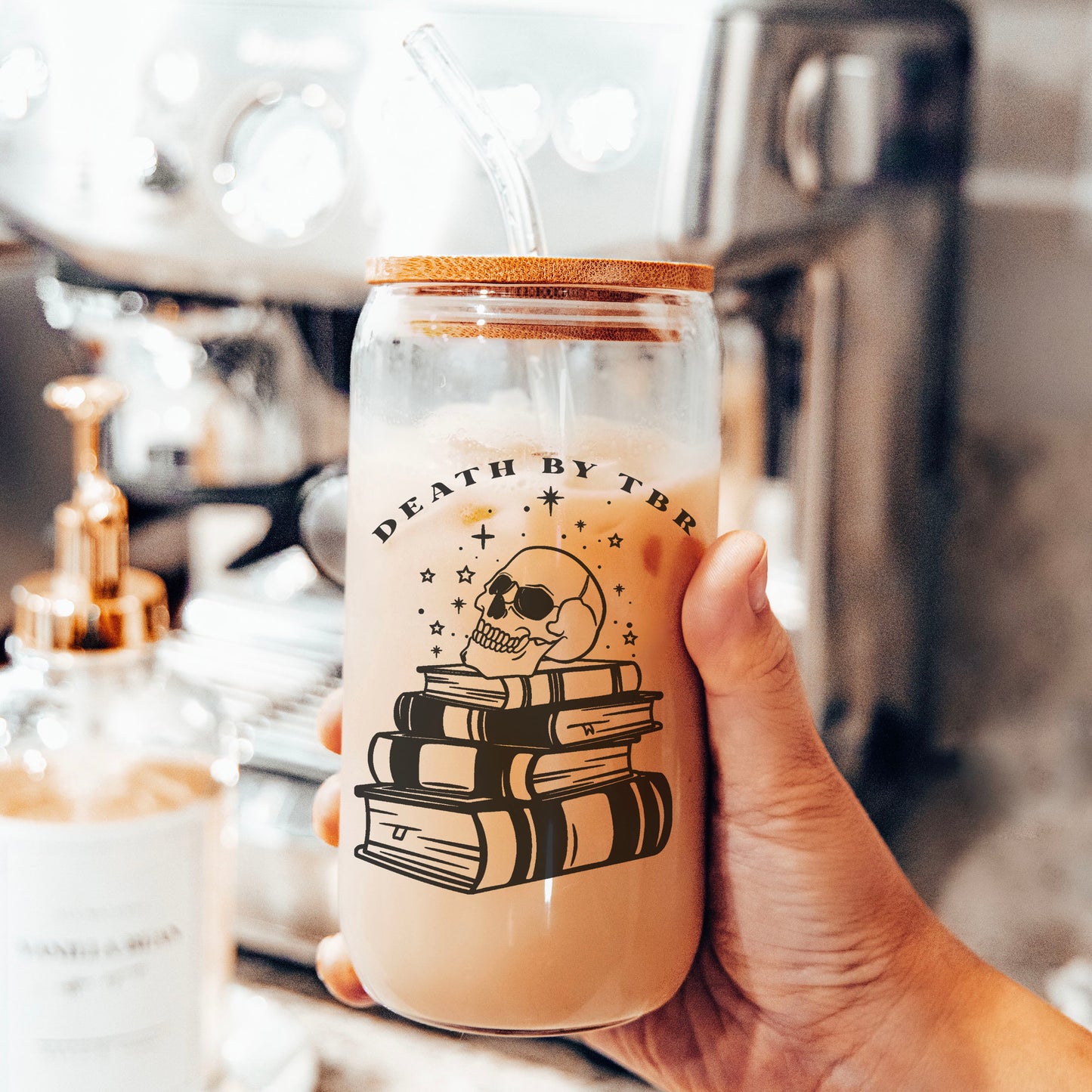 Death by TBR Clear Glass Cup | Bookish Glass Cup with Bamboo Lid and Straw