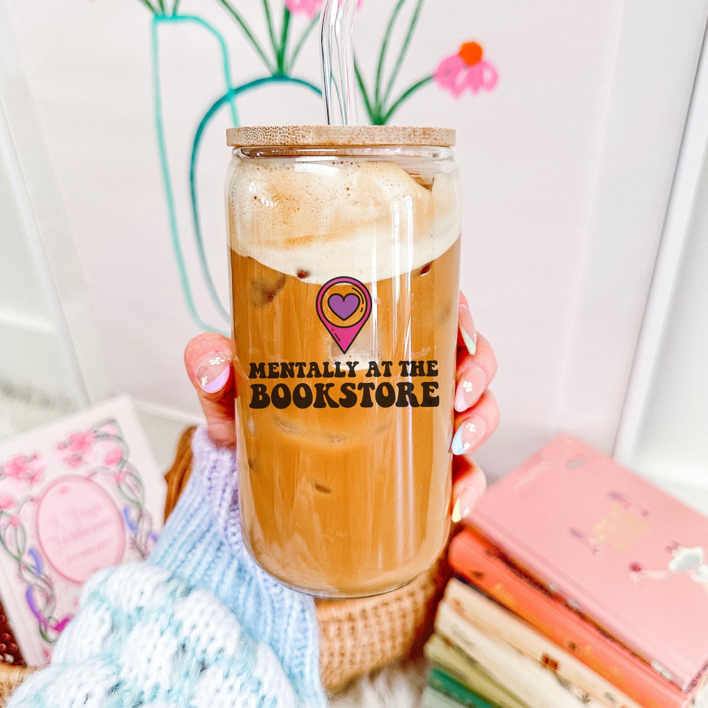 Mentally at the Bookstore Clear Glass Cup with Bamboo Lid & Straw | Bookish Drinkware