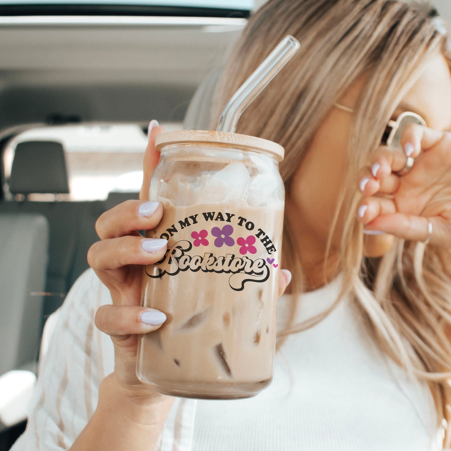 On My Way to the Bookstore Clear Glass Cup with Bamboo Lid and Straw | Bookish Drinkware for Bibliophiles