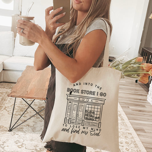 Into the Bookstore I Go Canvas Tote Bag for Book Lovers | Perfect for Bookstore Trips and Everyday Use