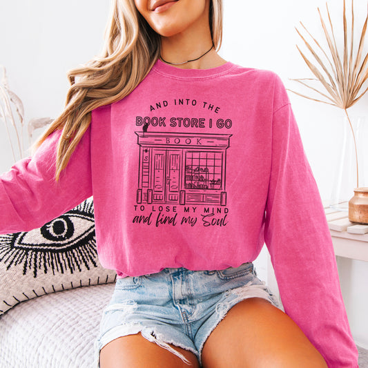 Into the Bookstore I Go Comfort Colors Long Sleeve Shirt | Premium Heavyweight Bookish Apparel for Cozy Bookstore Adventures