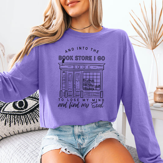 Into the Bookstore I Go Comfort Colors Long Sleeve Shirt | Premium Heavyweight Bookish Apparel for Cozy Bookstore Adventures