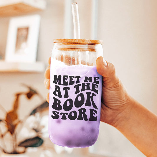 Meet Me at the Bookstore Clear Glass Cup with Bamboo Lid and Straw | Perfect Bookish Tumbler for Coffee, Tea, and Bookstore Adventures