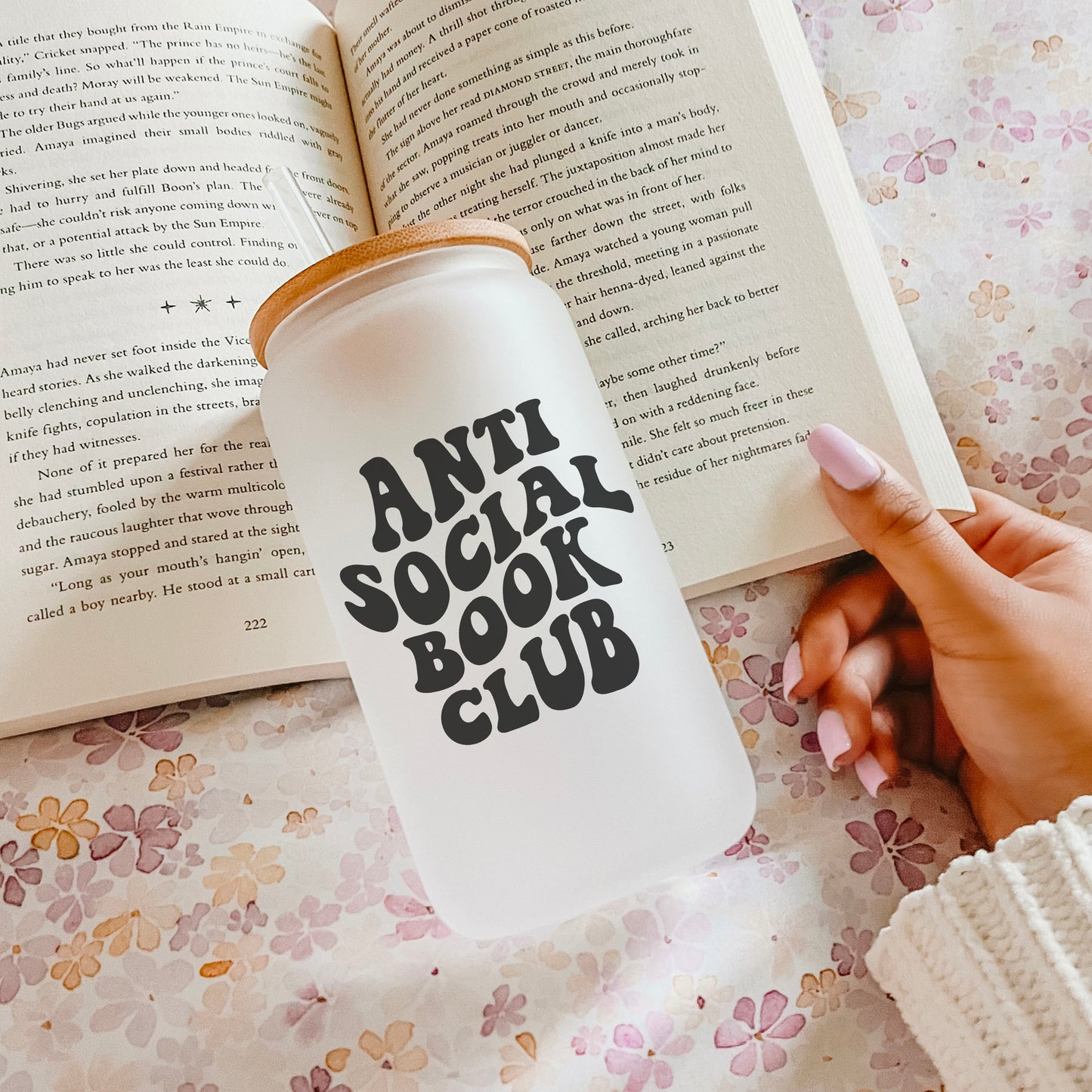 Anti-Social Book Club Frosted Glass Cup with Bamboo Lid | Read and Sip In Style