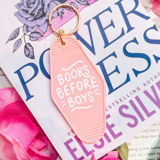 Books Before Boys Retro Motel Keychain with UVF Decal for Book Lovers and Valentine’s Day