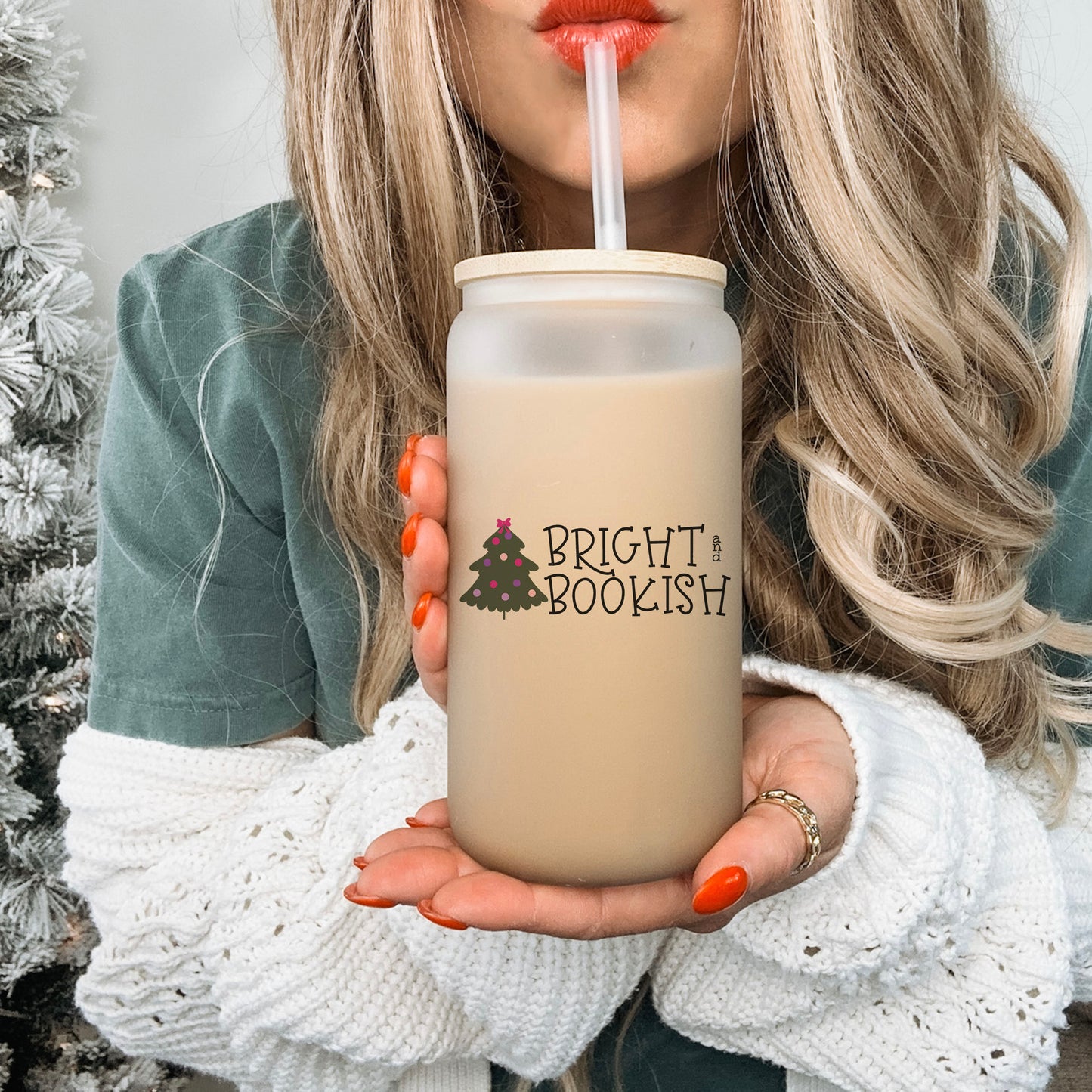 Bright and Bookish Frosted Glass Cup with Bamboo Lid and Reusable Straw - Bookish Holiday Gift