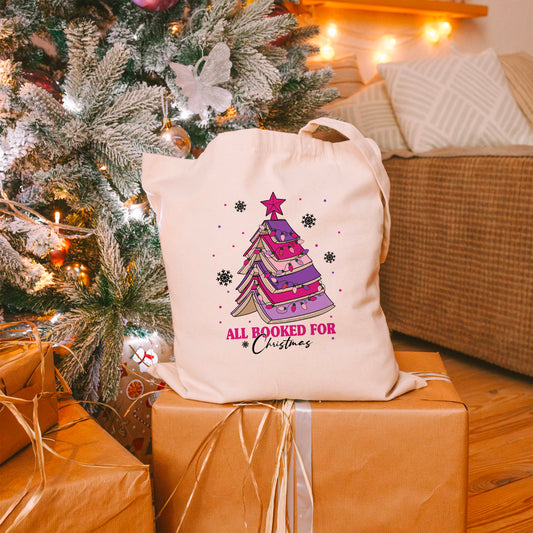 All Booked for Christmas Canvas Tote Bag – Perfect Holiday Gift for Book Lovers