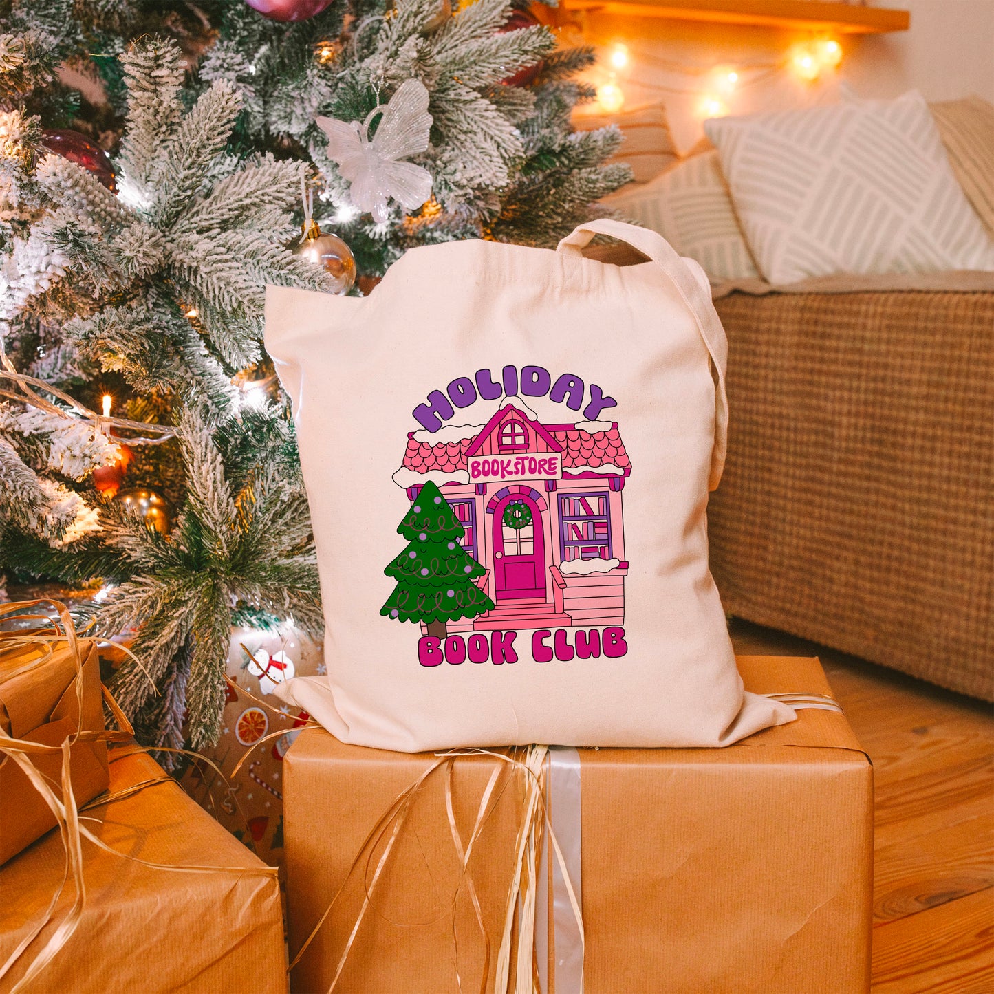 Holiday Book Club Canvas Tote Bag | Cozy Bookish Christmas Gift for Readers and Bibliophiles