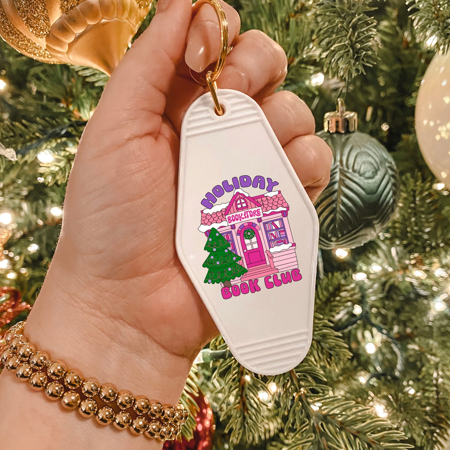 Holiday Book Club Motel Keychain | Festive Bookish Accessory with UVF Decal for Readers and Bibliophiles