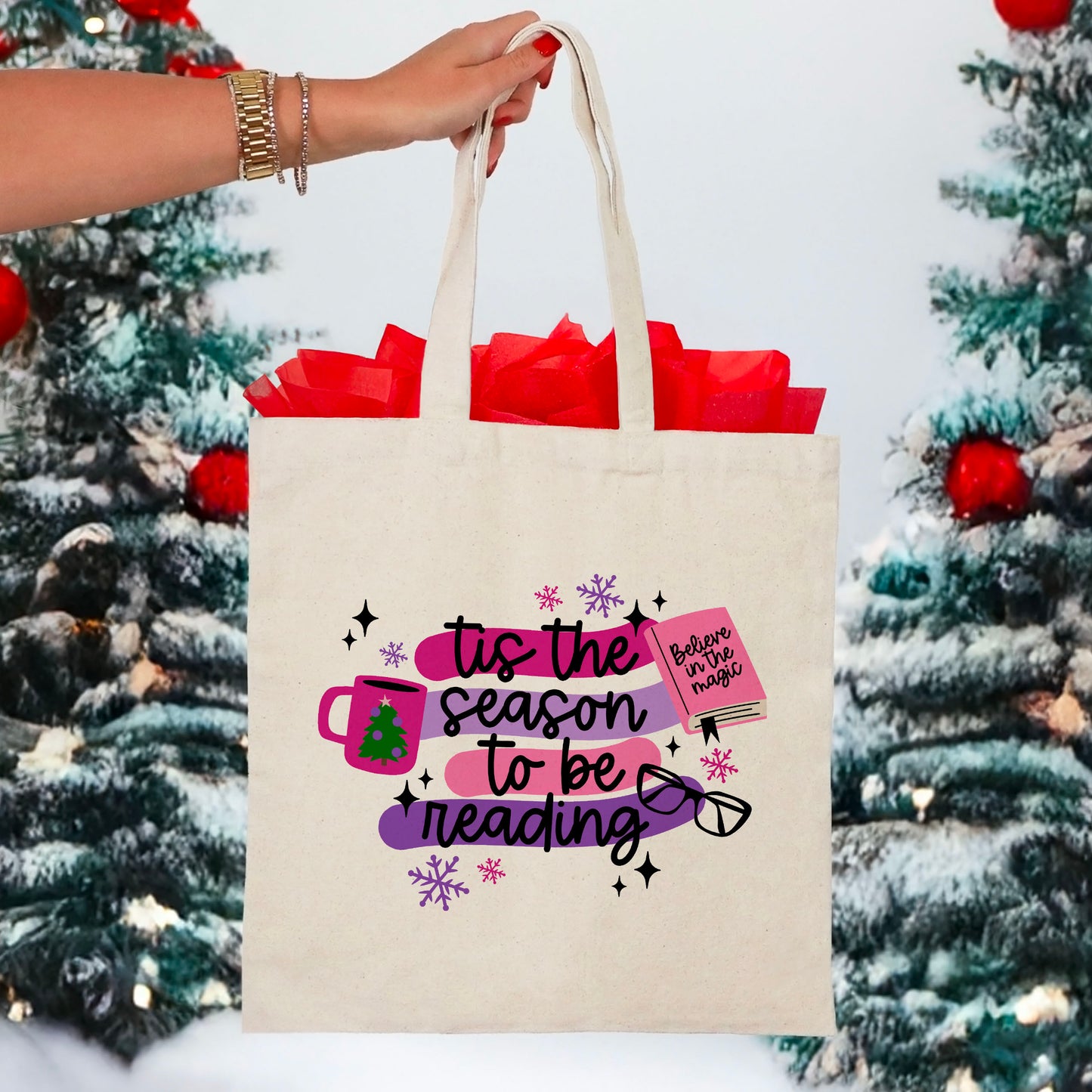 Tis the Season to Be Reading Holiday Canvas Tote Bag | Festive Bookish Christmas Gift for Readers