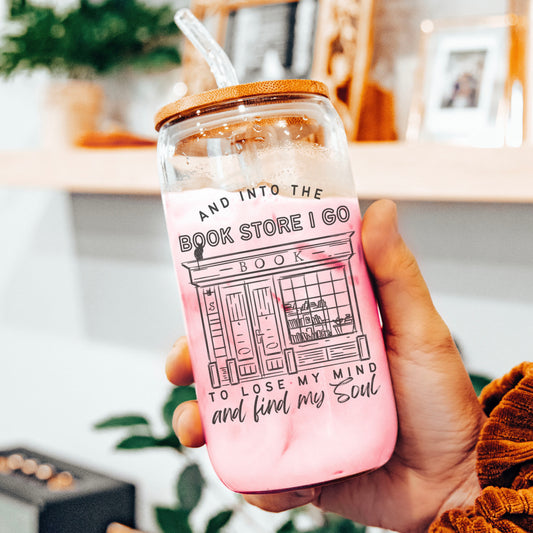 Into the Bookstore I Go Clear Glass Cup with Bamboo Lid and Straw - Perfect for Bookstore Adventures and Daily Sips