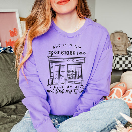 Into the Bookstore I Go Comfort Colors Sweatshirt for Book Lovers - Premium Heavyweight Pullover for Cozy Bookstore Trips