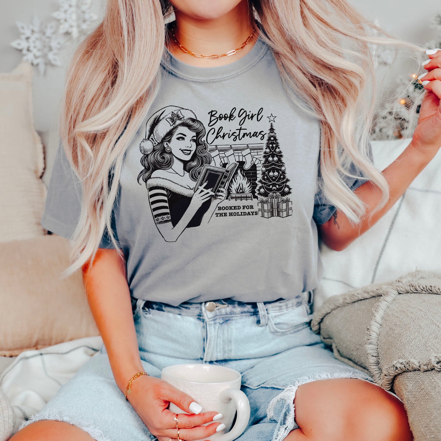 Book Girl Christmas Premium Comfort Colors Short Sleeve Shirt for Book Lovers with Retro Inspired Design