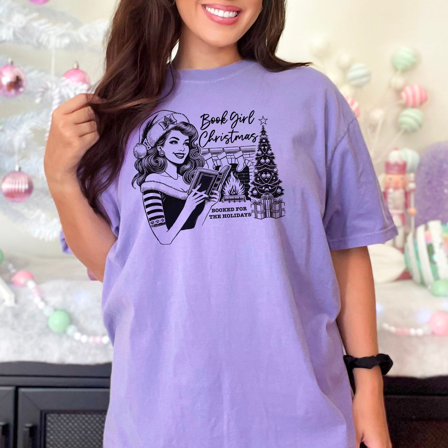 Book Girl Christmas Premium Comfort Colors Short Sleeve Shirt for Book Lovers with Retro Inspired Design