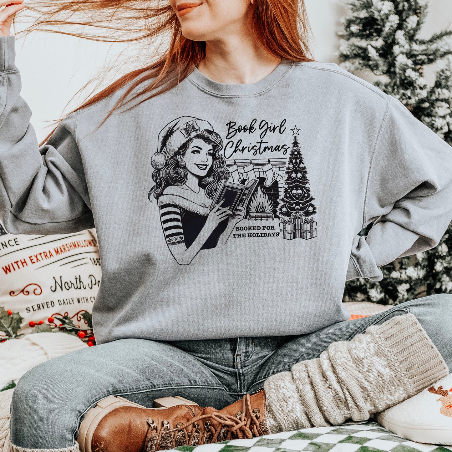 Book Girl Christmas Comfort Colors Sweatshirt - Cozy Christmas Gift for Book Lovers