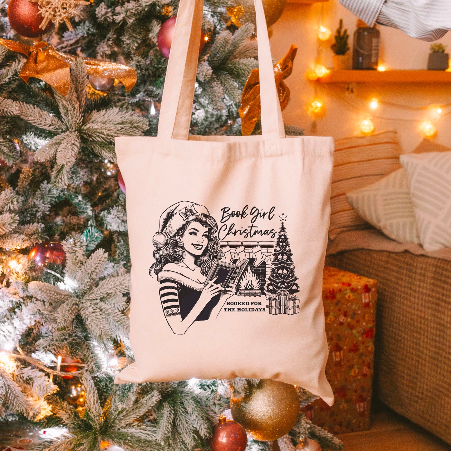 Book Girl Christmas Vintage - Inspired Canvas Holiday Tote Bag Gift for Book Lovers