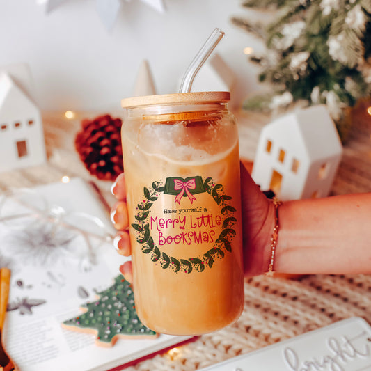 Have Yourself a Merry Little Bookmas Clear Glass Cup with Bamboo Lid & Custom Straw Options