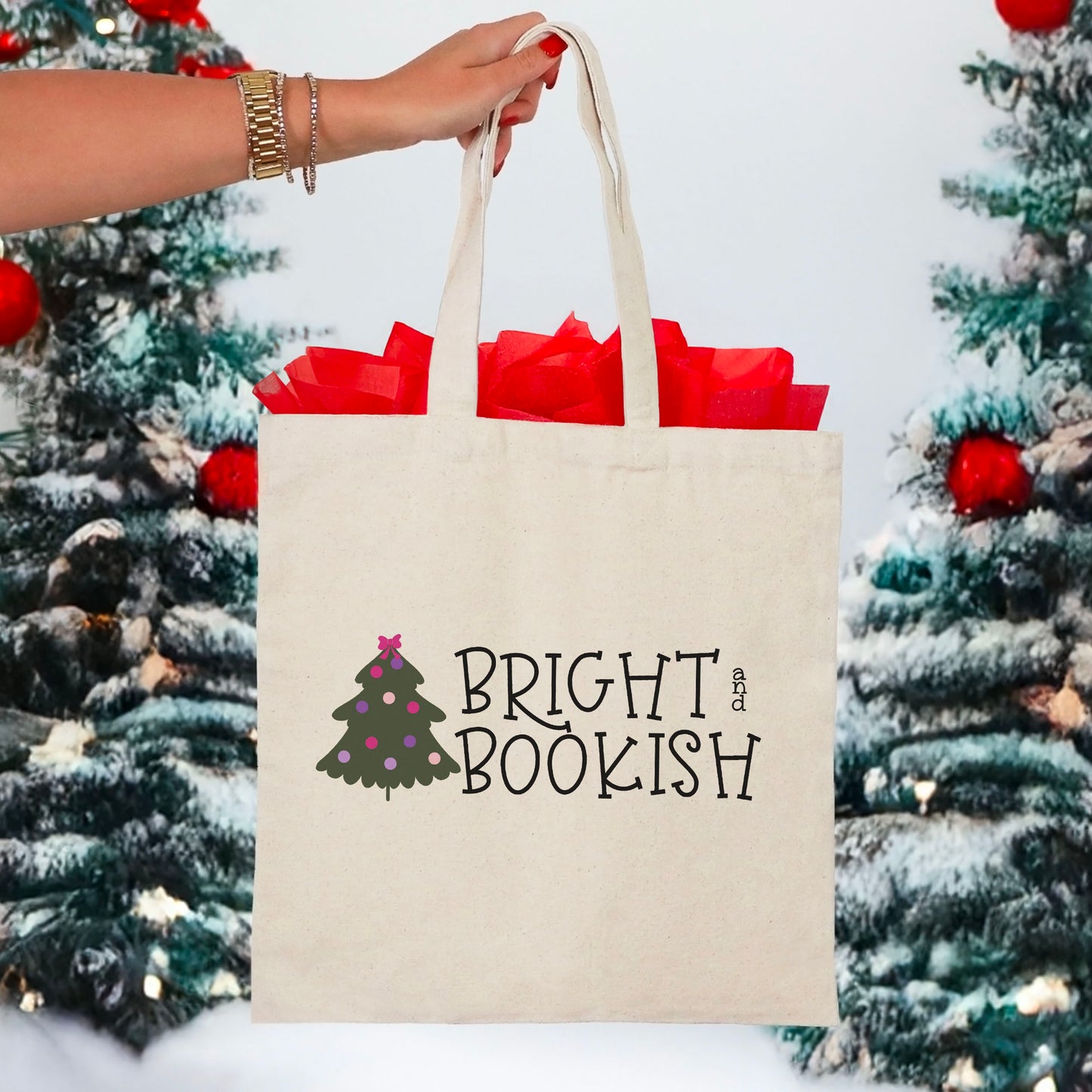 Bright and Bookish Canvas Tote Bag – Festive Holiday Bookish Gift for Readers