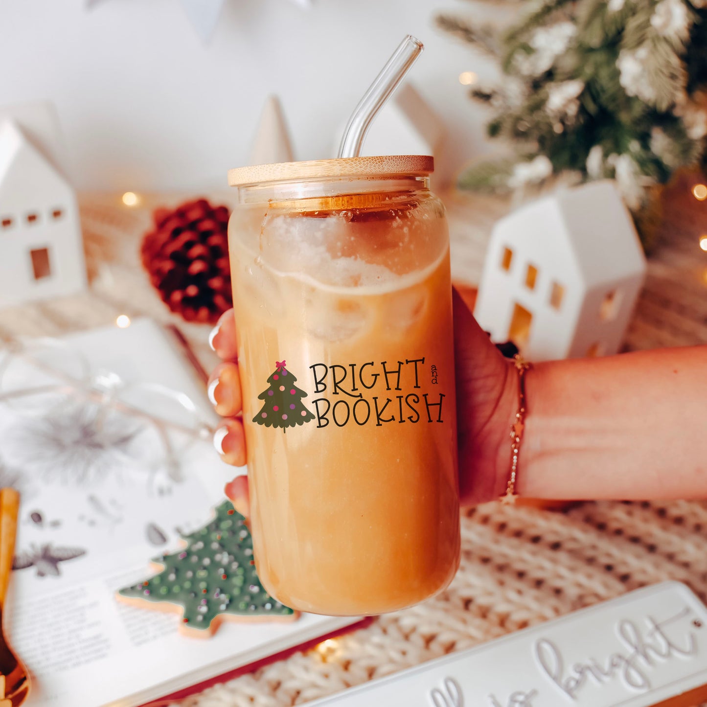 Bright and Bookish Frosted Glass Cup with Bamboo Lid and Reusable Straw - Bookish Holiday Gift