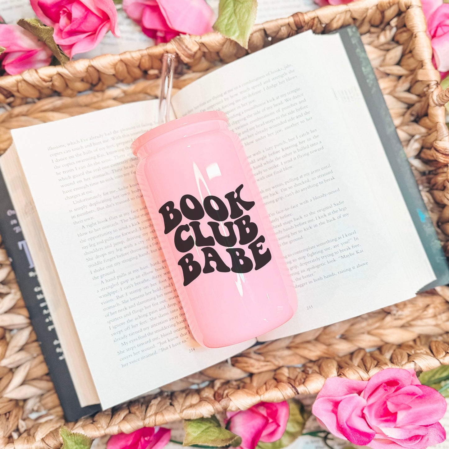 Book Club Babe Pink Glass Cup with Pink Lid & Pink Glass Straw | Perfect for Stylish Readers