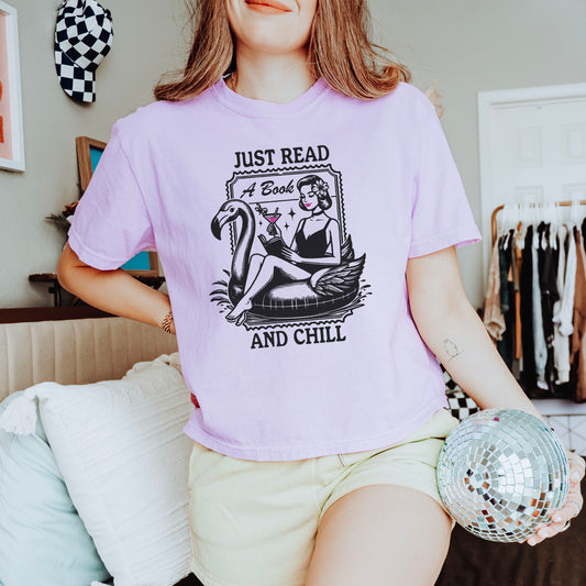 Just Read and Chill Retro Bookish Boxy Cropped Shirt - Premium Comfort Colors Tee for Book Lovers