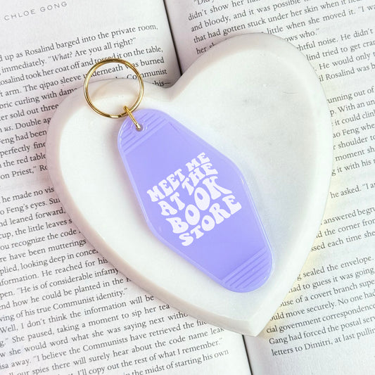 Meet Me at the Bookstore Motel Keychain - Retro Double-Sided UVF Decal for Book Lovers and Bookstore Adventures