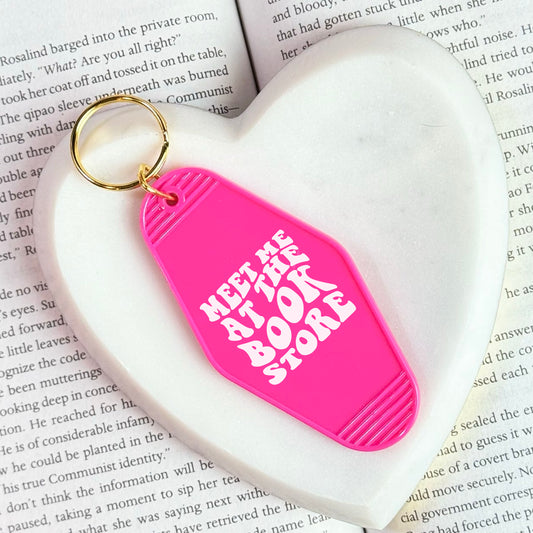 Meet Me at the Bookstore Motel Keychain - Retro Double-Sided UVF Decal for Book Lovers and Bookstore Adventures