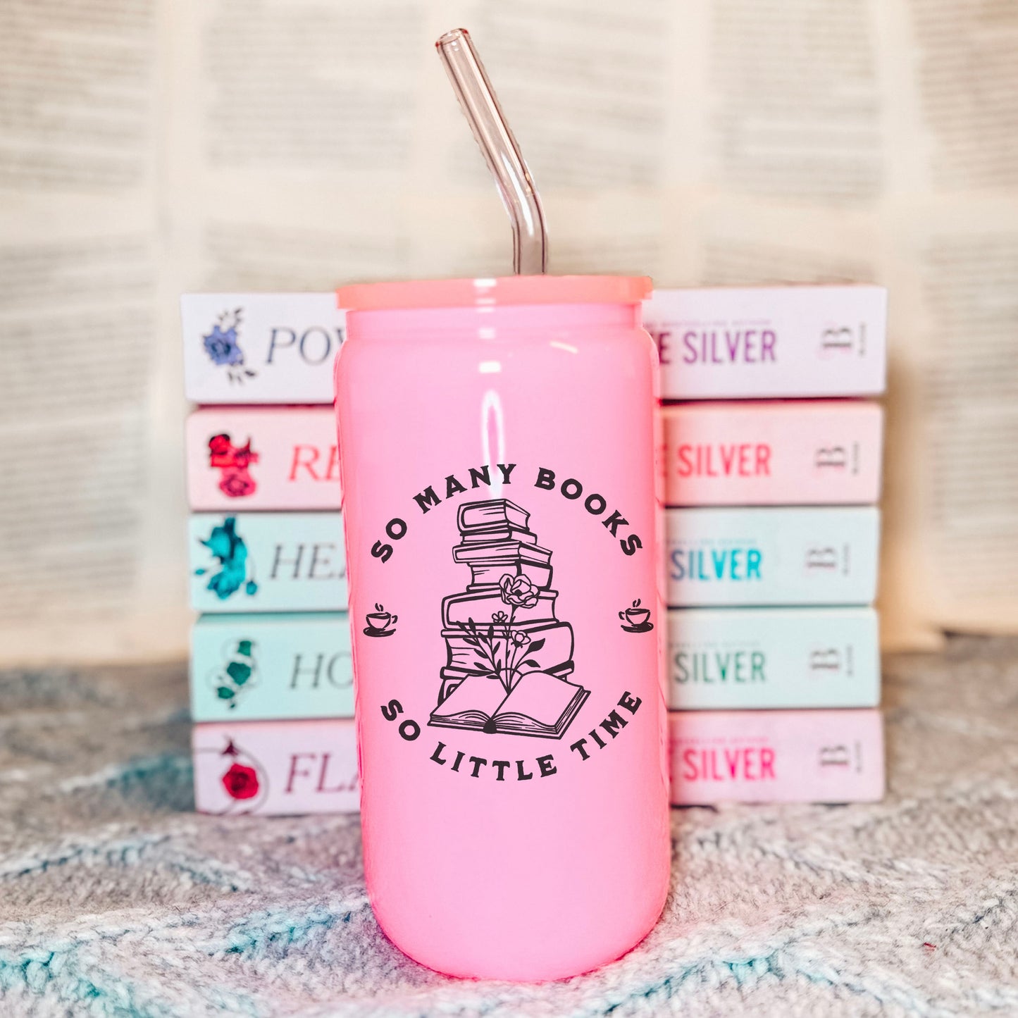 So Many Books Pink Glass Cup Aesthetic Bookish Tumbler With Pink Glass Straw